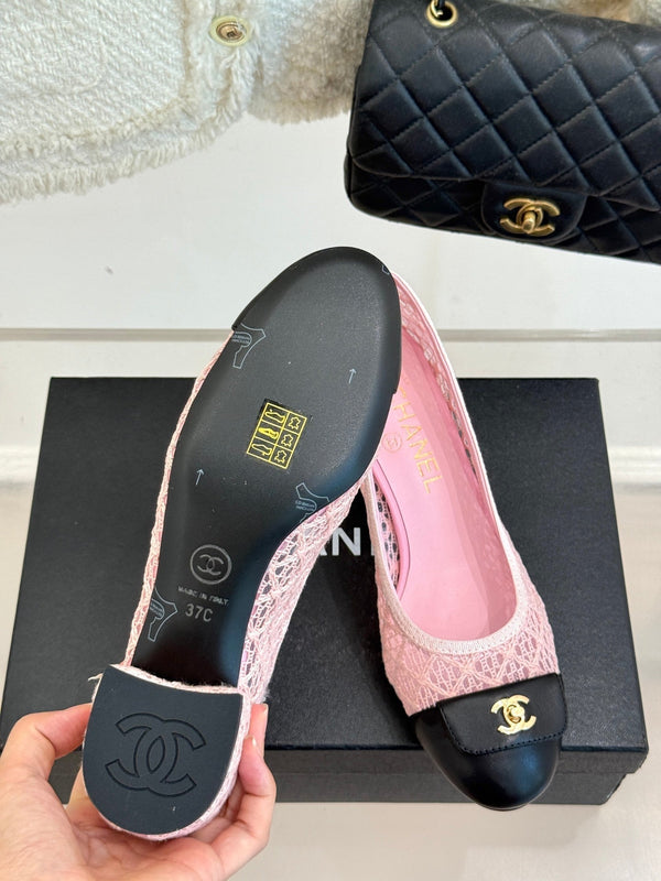 Chanel 25 Ballet Flat 50mm Pink Black Woven Lambskin 473052
