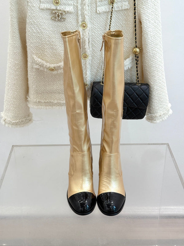 CC Classic Long Boots Block Heel 90mm Gold Metalic Calfskin 465393