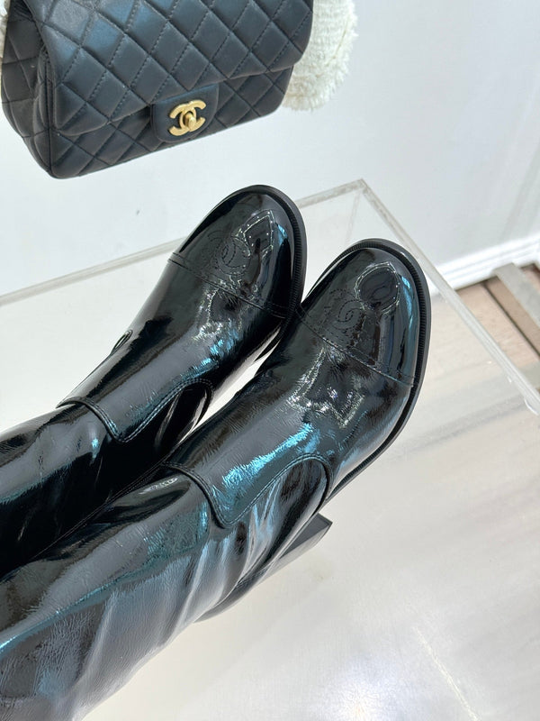 CC Classic Long Boots Block Heel 90mm Black Patent Leather 465395
