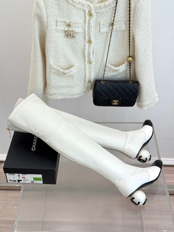 Chanel 25 Double C Giant Pearl Heel Long Boot White Black Sheepskin 465412