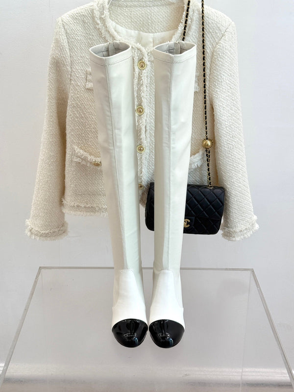 Chanel 25 Double C Giant Pearl Heel Long Boot White Black Sheepskin 465412