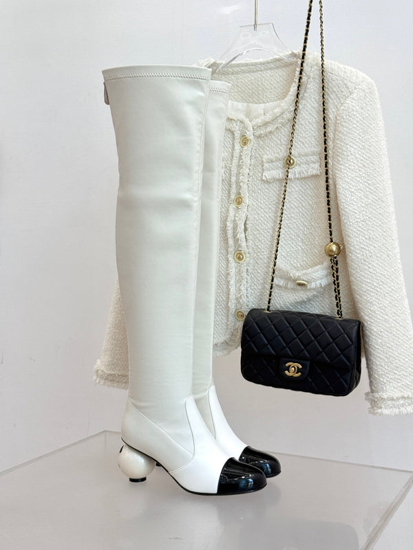Chanel 25 Double C Giant Pearl Heel Long Boot White Black Sheepskin 465412
