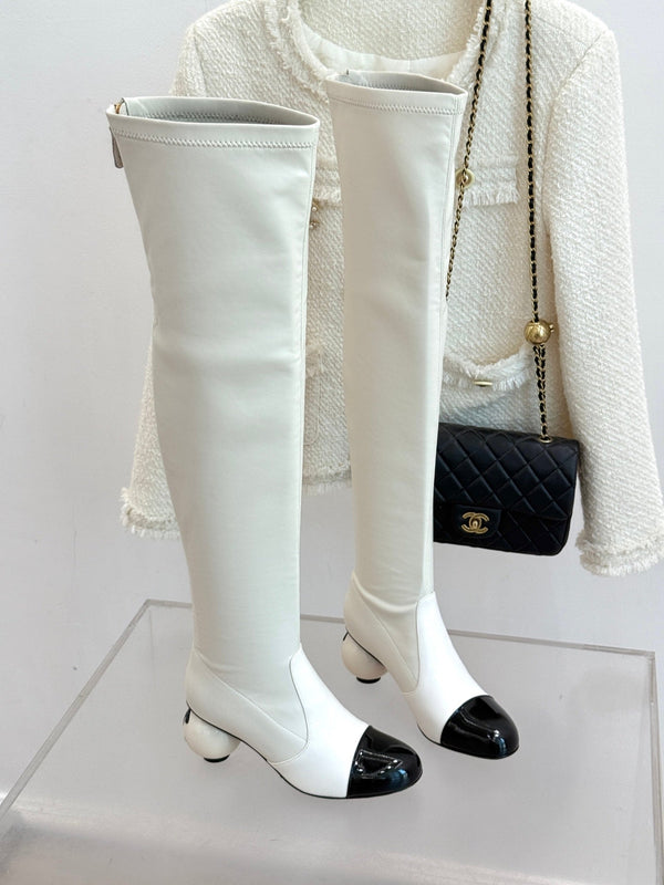 Chanel 25 Double C Giant Pearl Heel Long Boot White Black Sheepskin 465412