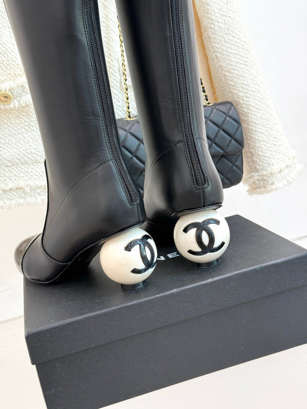 Chanel 25 Double C Giant Pearl Heel Long Boot Black White Sheepskin 465413