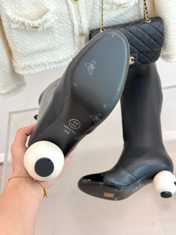 Chanel 25 Double C Giant Pearl Heel Long Boot Black White Sheepskin 465413