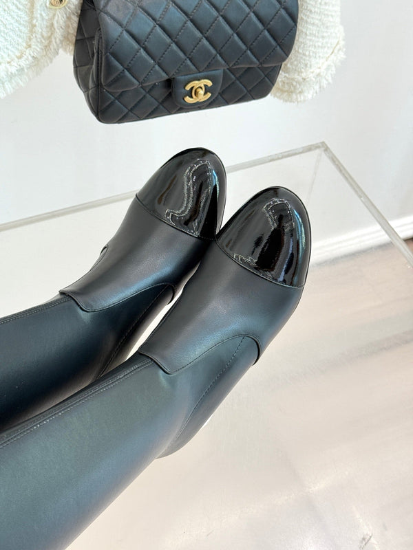 Chanel 25 Double C Giant Pearl Heel Long Boot Black White Sheepskin 465413