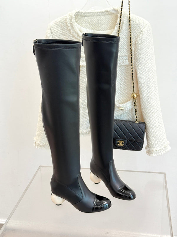 Chanel 25 Double C Giant Pearl Heel Long Boot Black White Sheepskin 465413