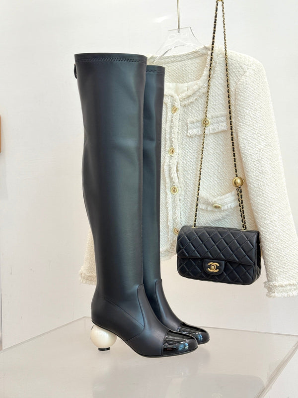 Chanel 25 Double C Giant Pearl Heel Long Boot Black White Sheepskin 465413