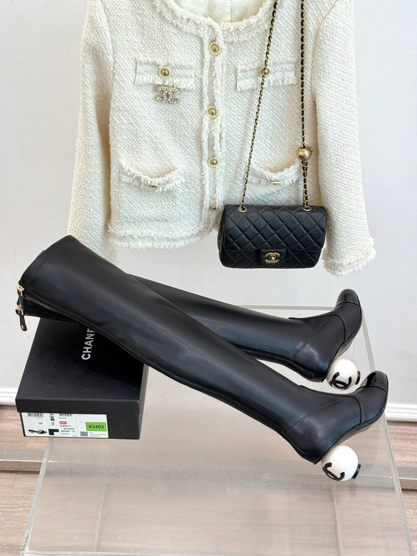 Chanel 25 Double C Giant Pearl Heel Long Boot Black White Sheepskin 465413