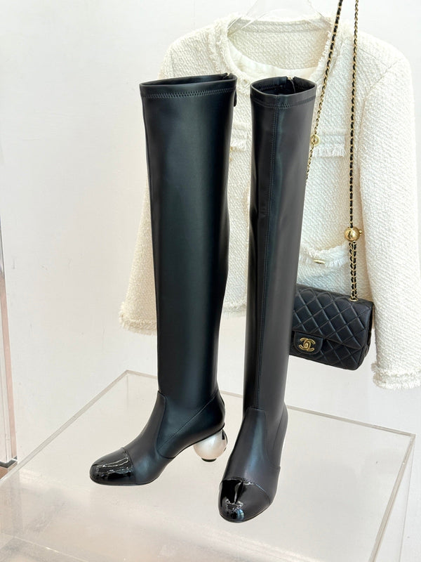 Chanel 25 Double C Giant Pearl Heel Long Boot Black White Sheepskin 465413