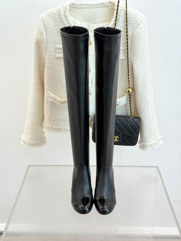 Chanel 25 Double C Giant Pearl Heel Long Boot Black White Sheepskin 465413