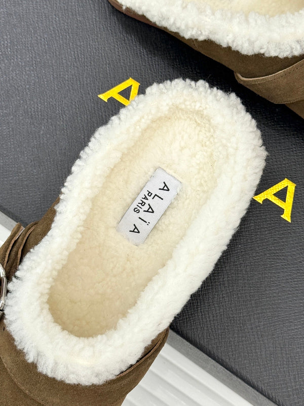 Alaia 25WF slippers belt buckle khaki brown suede wool 472227