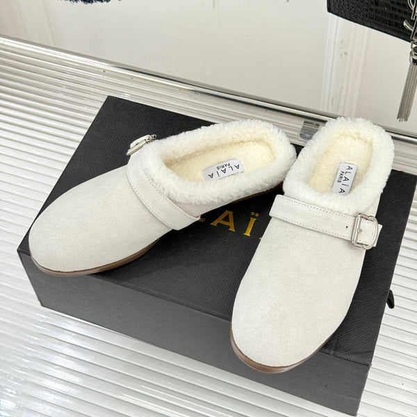Alaia 25WF slippers belt buckle white suede wool 472228