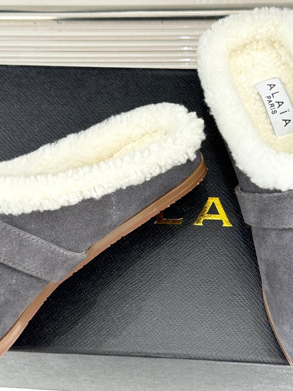 Alaia 25WF slippers belt buckle charcoal grey suede wool 472230