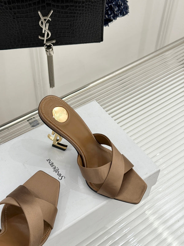 YSL Opyum Sandal 85 Brown Silk Leather 642941