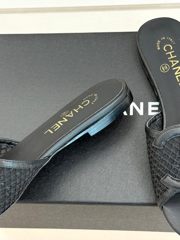 CC Openwork Slippers Black Mesh Lambskin 825757