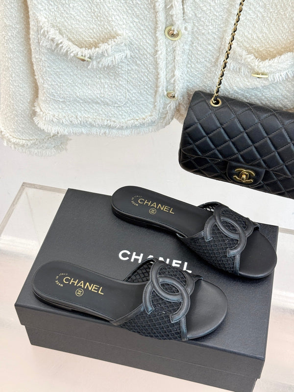 CC Openwork Slippers Black Mesh Lambskin 825757