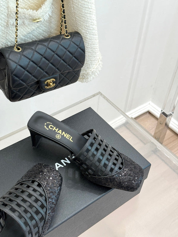 CC Woven Square-Toe Slippers Black Leather 825776