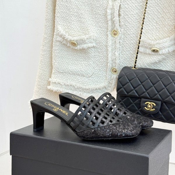 CC Woven Square-Toe Slippers Black Leather 825776