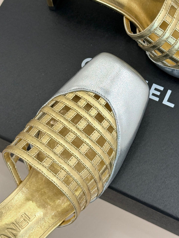 CC Woven Square-Toe Slippers Sliver Gold Metalic Leather 825777