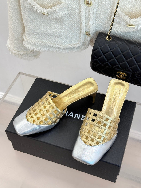 CC Woven Square-Toe Slippers Sliver Gold Metalic Leather 825777