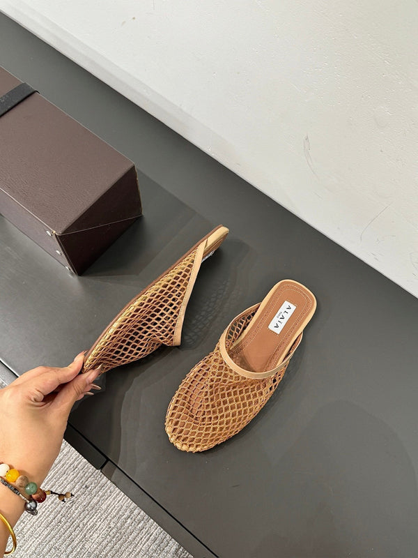 MULES ALAIA FLAT IN RETE MARRONE RAME