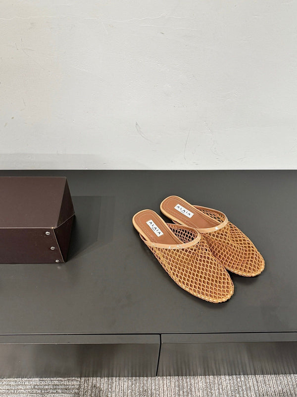 MULES ALAIA FLAT IN RETE MARRONE RAME
