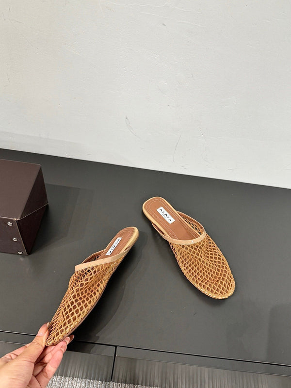 MULES ALAIA FLAT IN RETE MARRONE RAME