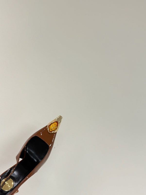 ORANGE GEM-STUDDED SLINGBACK PUMPS IN BRONZE BROWN PATENT CALFSKIN