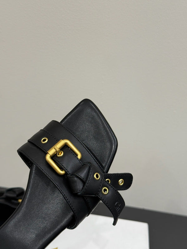 Loewe 25 Bow Metal Buckle Slide Nero Pelle di vacchetta