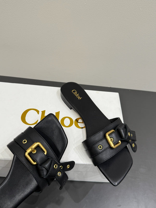 Loewe 25 Bow Metal Buckle Slide Nero Pelle di vacchetta