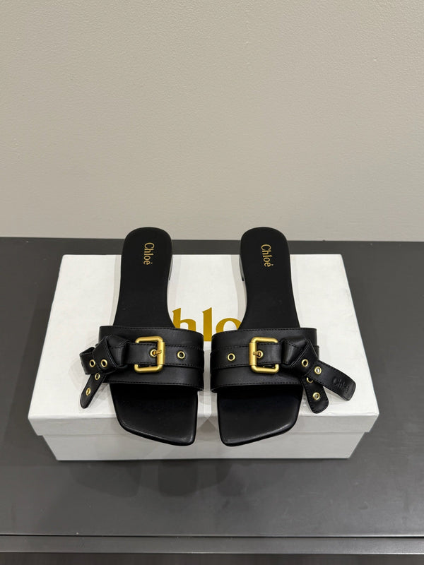 Loewe 25 Bow Metal Buckle Slide Nero Pelle di vacchetta