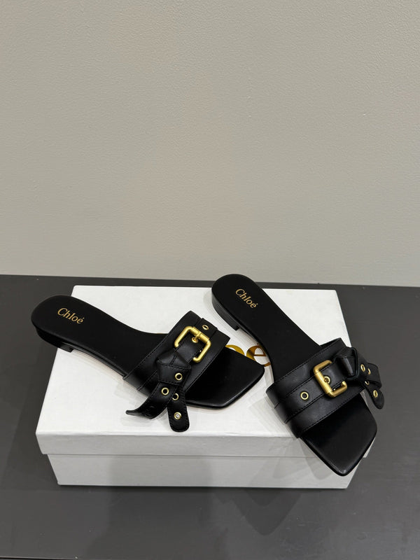 Loewe 25 Bow Metal Buckle Slide Nero Pelle di vacchetta