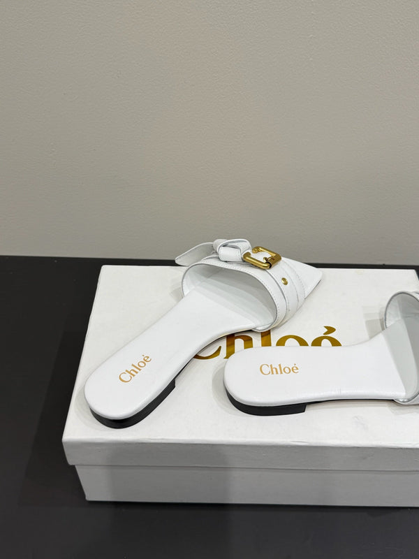 Loewe 25 Bow Metal Buckle Slide Bianco Pelle di mucca