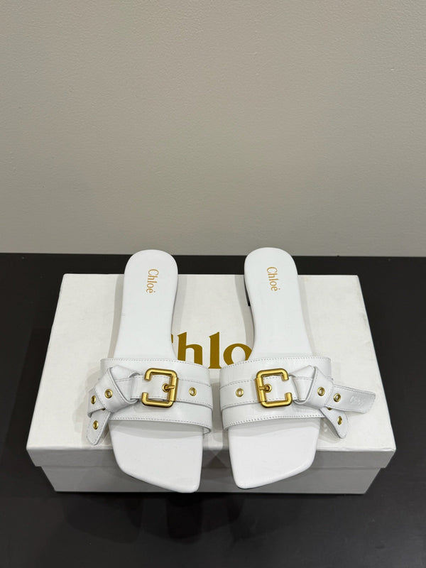 Loewe 25 Bow Metal Buckle Slide Bianco Pelle di mucca