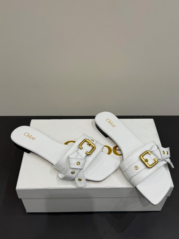 Loewe 25 Bow Metal Buckle Slide Bianco Pelle di mucca
