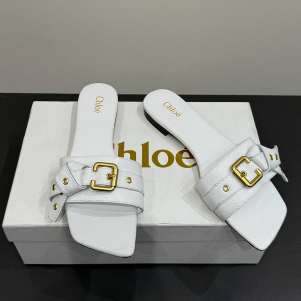 Loewe 25 Bow Metal Buckle Slide Bianco Pelle di mucca