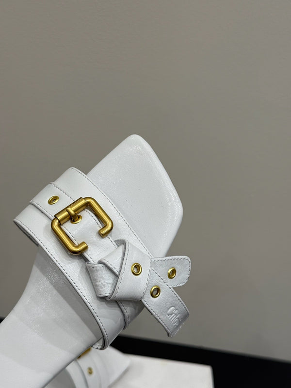 Loewe 25 Bow Metal Buckle Slide Bianco Pelle di mucca