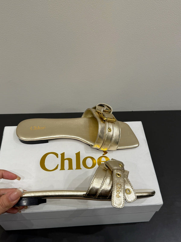 Loewe 25 Bow Metal Buckle Slide Pelle di vacchetta dorata