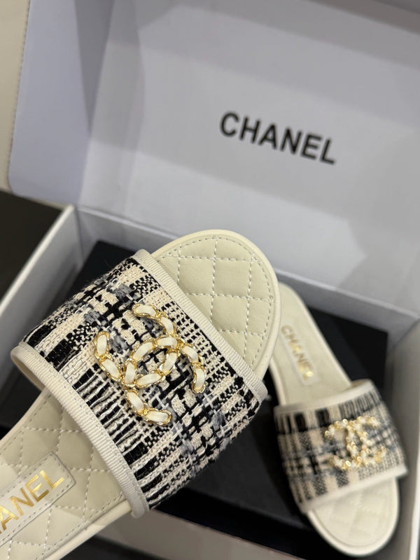 CC 25ss Chain Flat Slippers Black WhiteCowhide & Sheepskin 417563