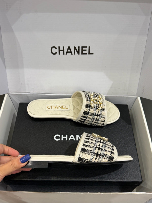 CC 25ss Chain Flat Slippers Black WhiteCowhide & Sheepskin 417563