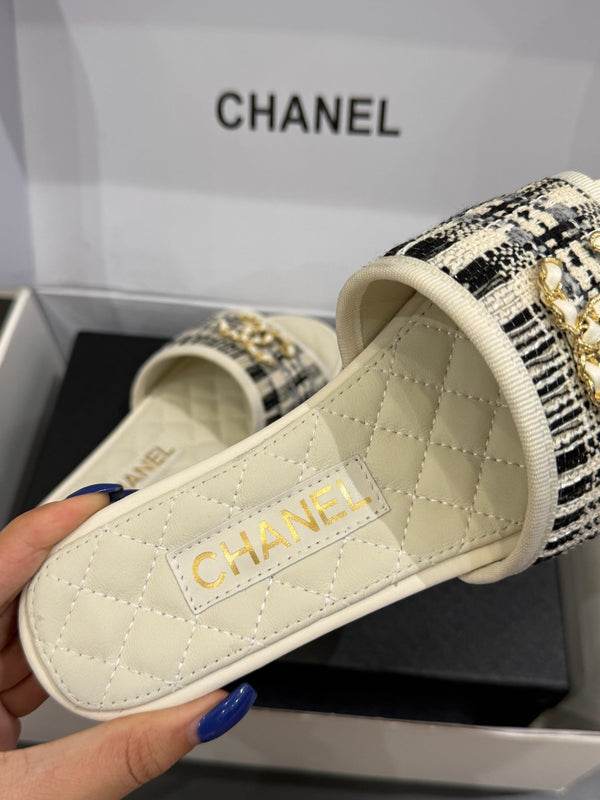 CC 25ss Chain Flat Slippers Black WhiteCowhide & Sheepskin 417563