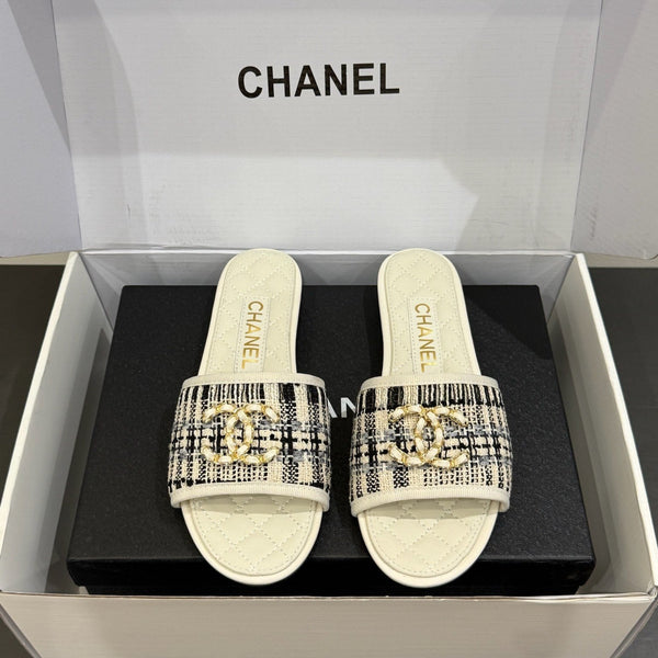 CC 25ss Chain Flat Slippers Black WhiteCowhide & Sheepskin 417563