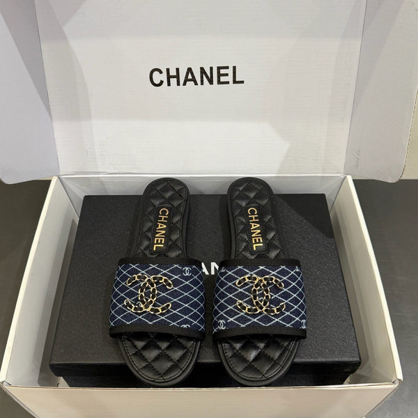 CC 25ss Chain Flat Slippers Black Blue Cowhide & Sheepskin 417564