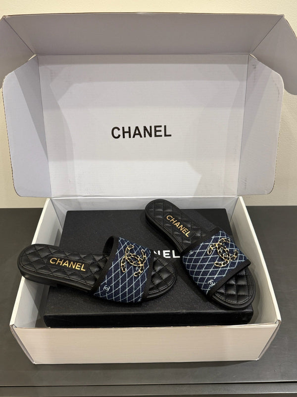 CC 25ss Chain Flat Slippers Black Blue Cowhide & Sheepskin 417564