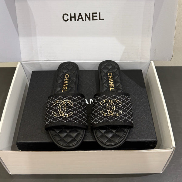 CC 25ss Chain Flat Slippers Black Cowhide & Sheepskin 417565