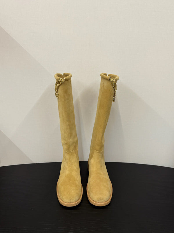 CC 25s Long Flat Chain Knight Boots Beige Cow Suede&Sheeepskin 417844
