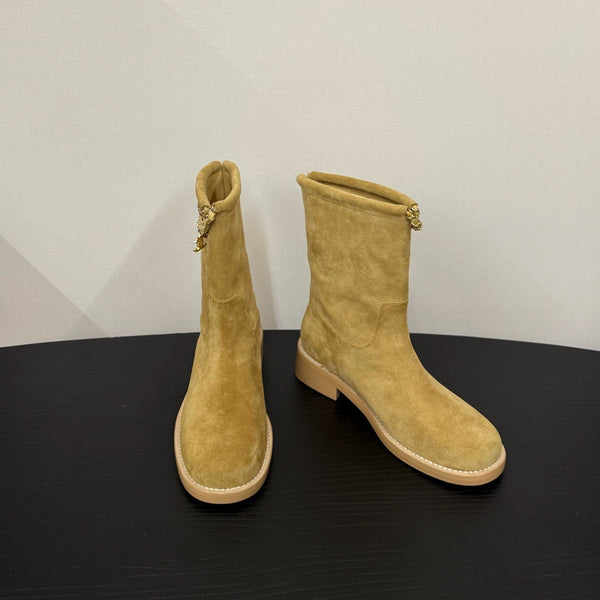 CC 25s Short Flat Chain Knight Boots Beige Cow Suede&Sheeepskin 417845