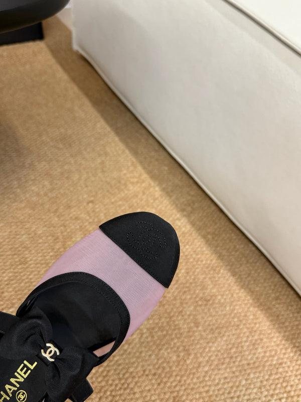 CC 26s Mary Jane Flats In Pink And Black Mesh Ribbon Strap Cap Toe