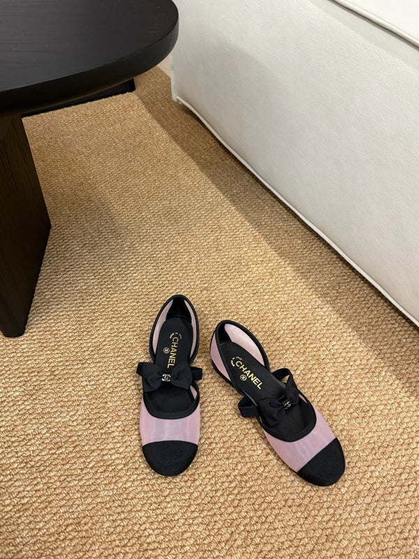 CC 26s Mary Jane Flats In Pink And Black Mesh Ribbon Strap Cap Toe